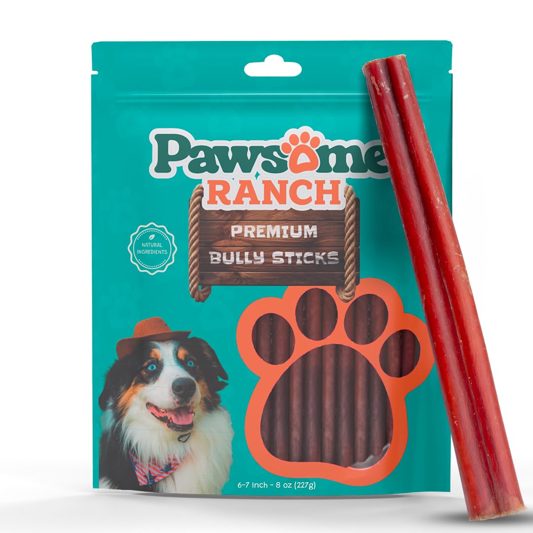 Pawsome Ranch Bully Sticks 6-7in pack shot; long-lasting dental-friendly chew for dogs.