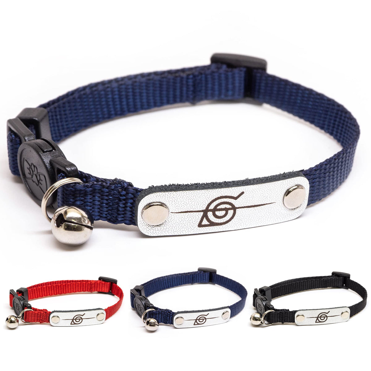 Pawsonify Naruto breakaway collar in navy with leather front plate for safe daily wear.
