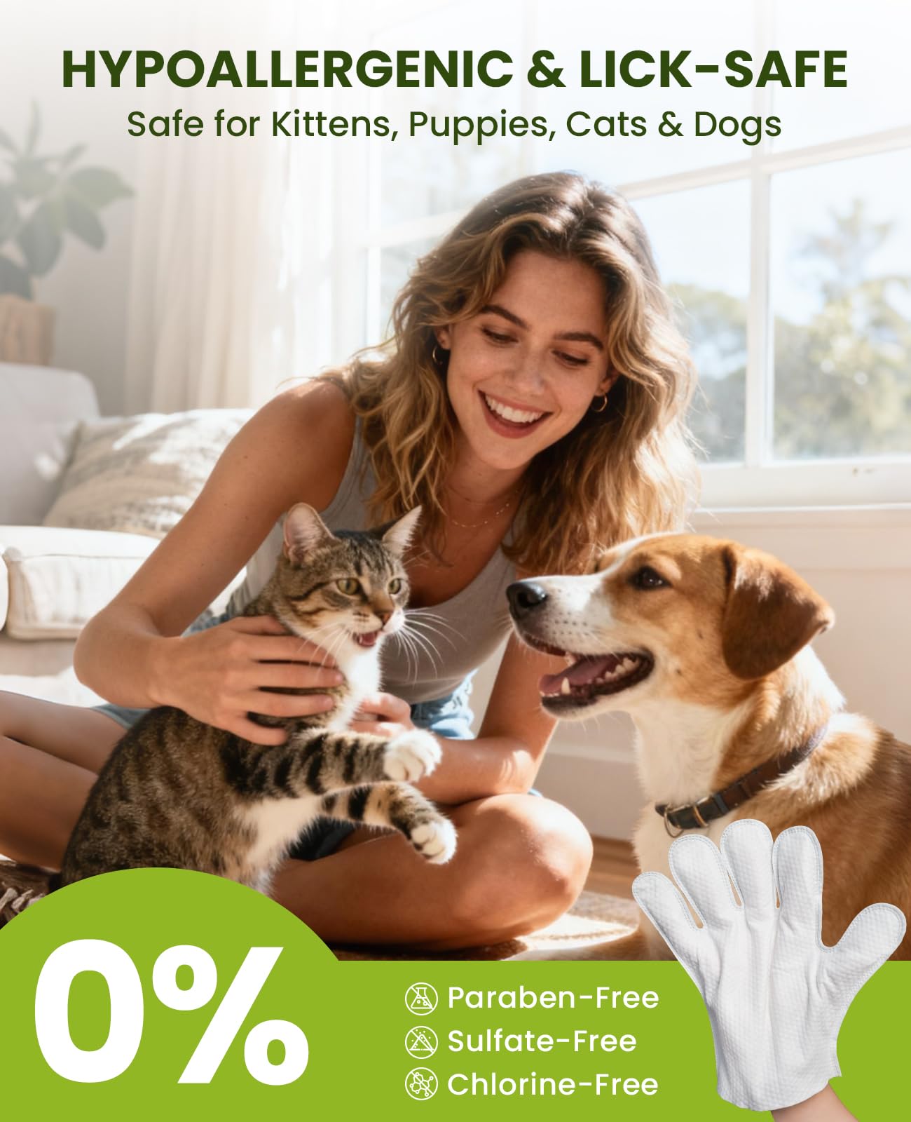 PawSono deodorizing glove wipes with coconut scent for fresh fur after walks