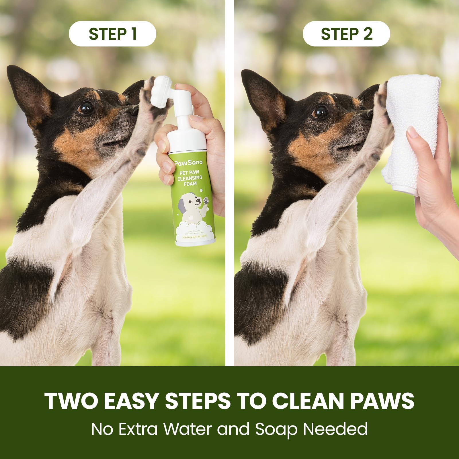 Paw Sono dog paw cleaning closeup shows foam application and gentle massage.