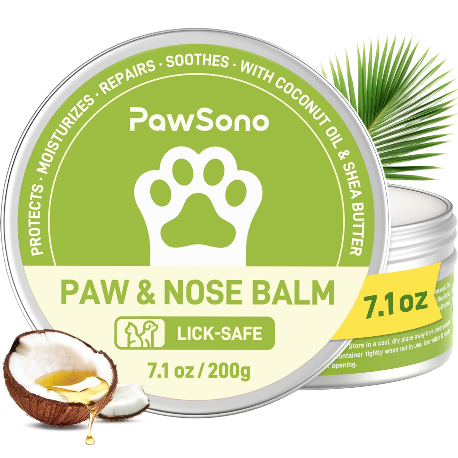 PawSono lick-safe paw balm jar close-up showing coconut oil hydration for dry pads