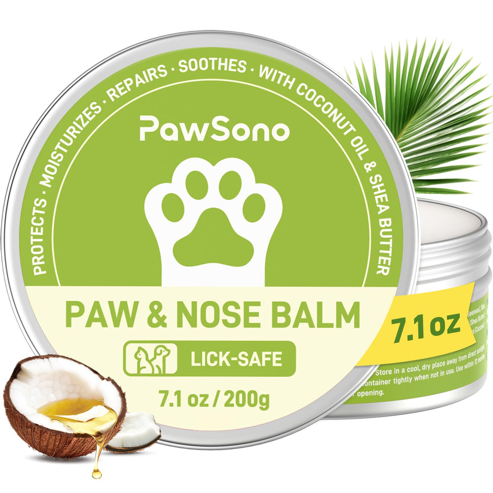 PawSono lick-safe paw balm jar close-up showing coconut oil hydration for dry pads