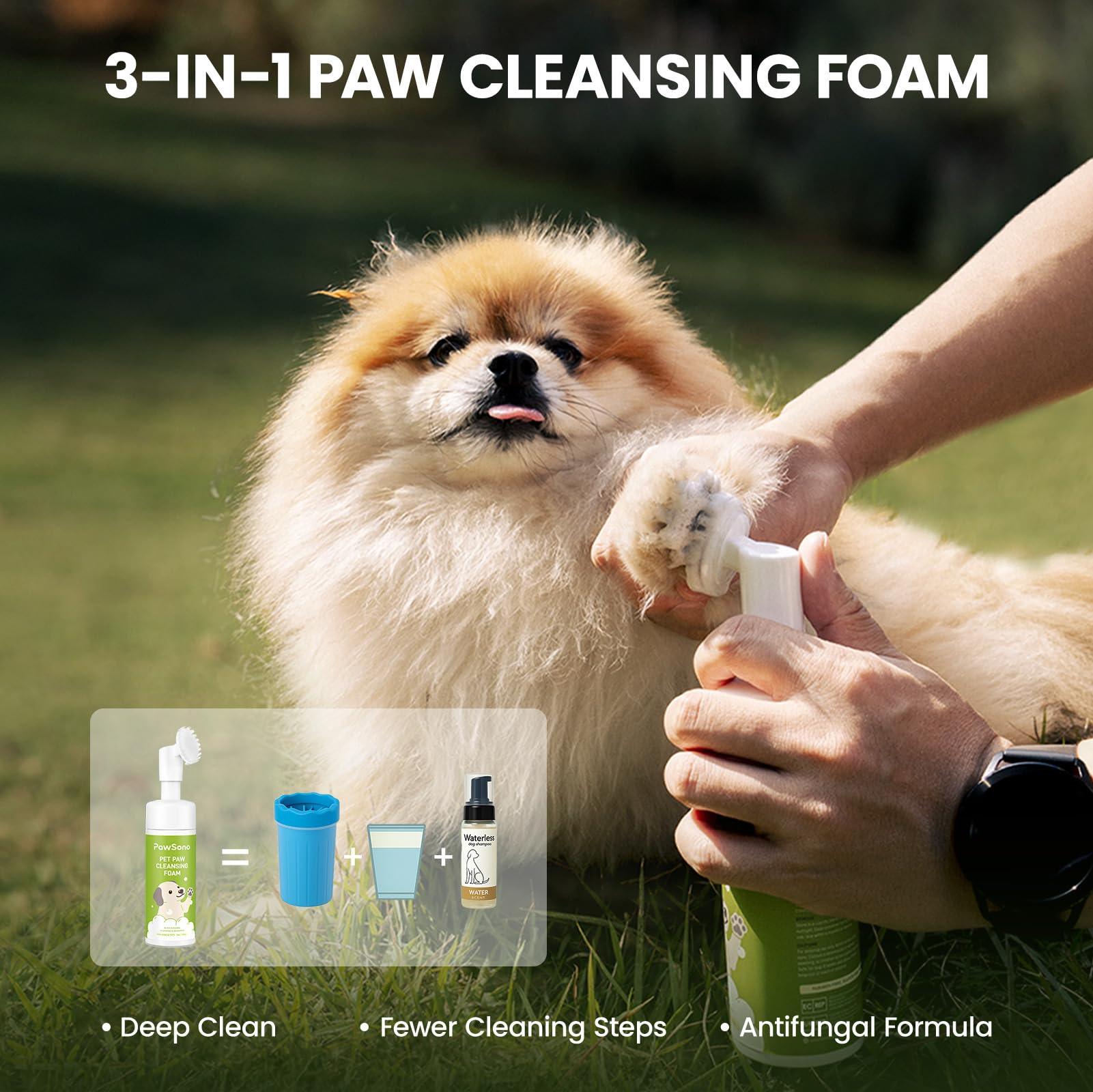 PawSono no-rinse foaming washer delivers quick, water-free paw cleaning for dogs.