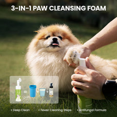 PawSono no-rinse foaming washer delivers quick, water-free paw cleaning for dogs.