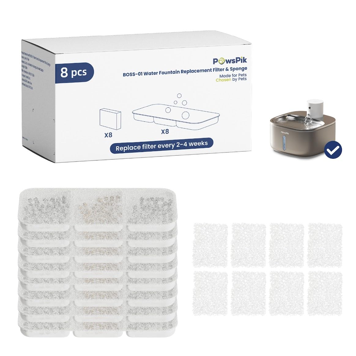 PAWSPIK BOSS-01 replacement filters pack front view for easy fountain refresh.