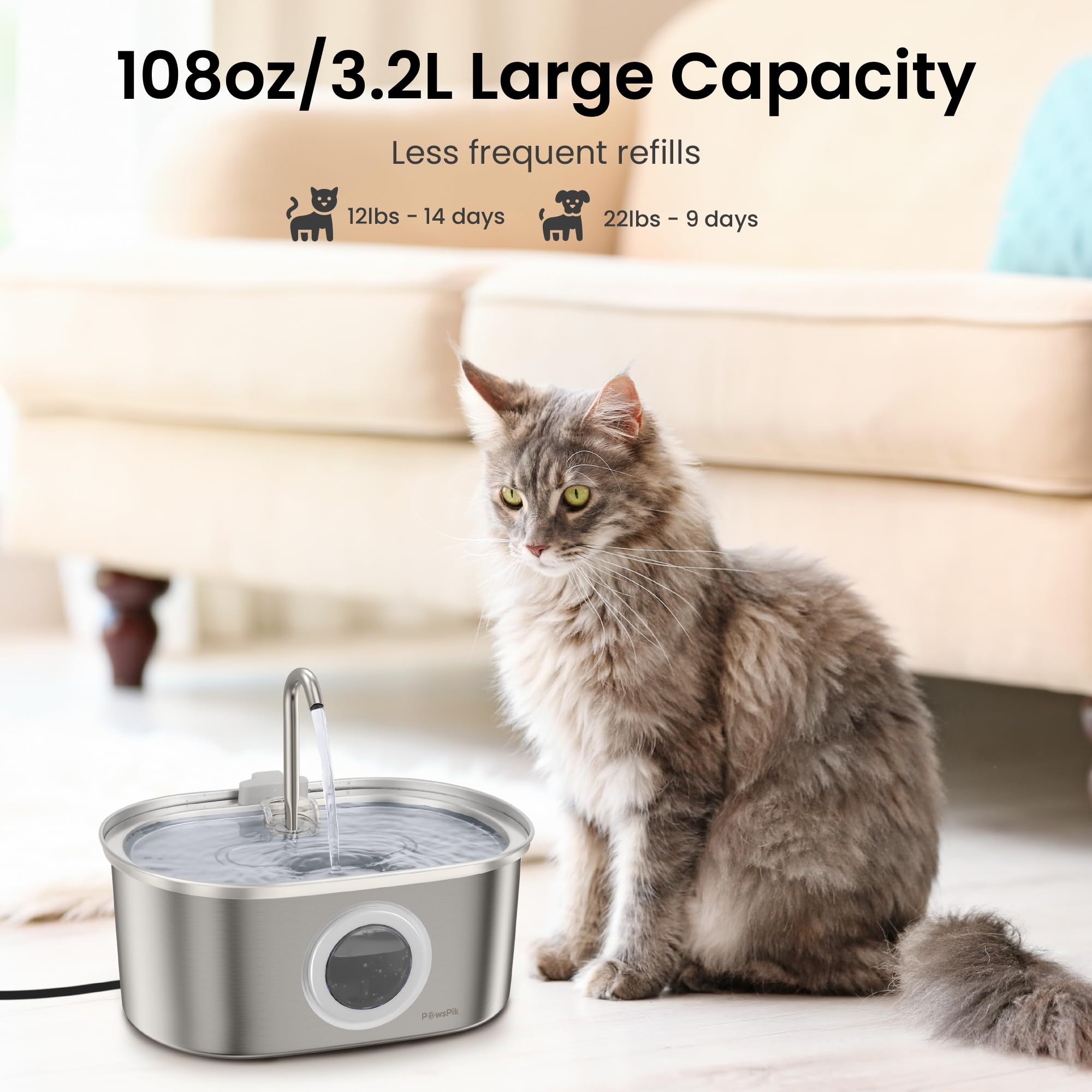 PAWSPIK SS-01 large-capacity fountain with 108.2 oz for multi-pet households.
