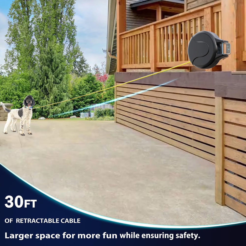 PAWSTATION steel cable close-up emphasizes durable anti-bite construction for outdoor use.