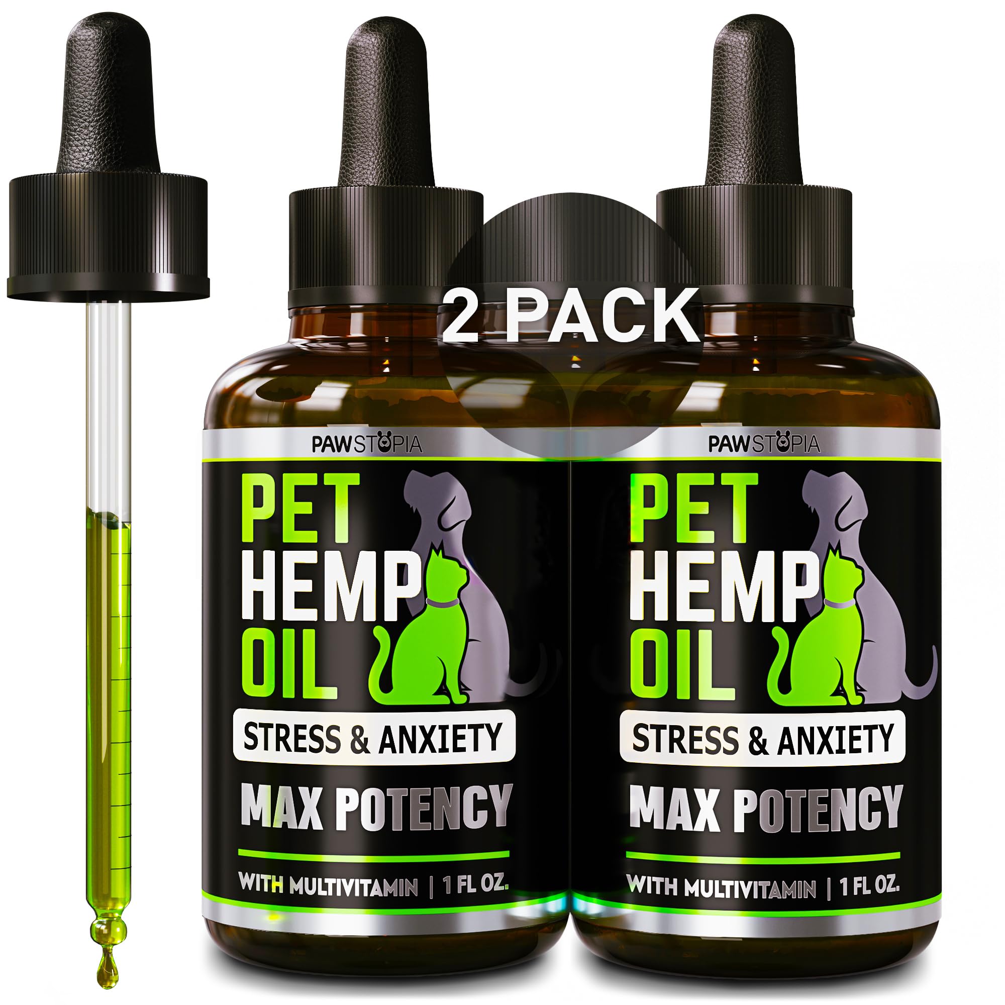 Pawstopia hemp oil drops bottle pour for easy dosing and calm support.