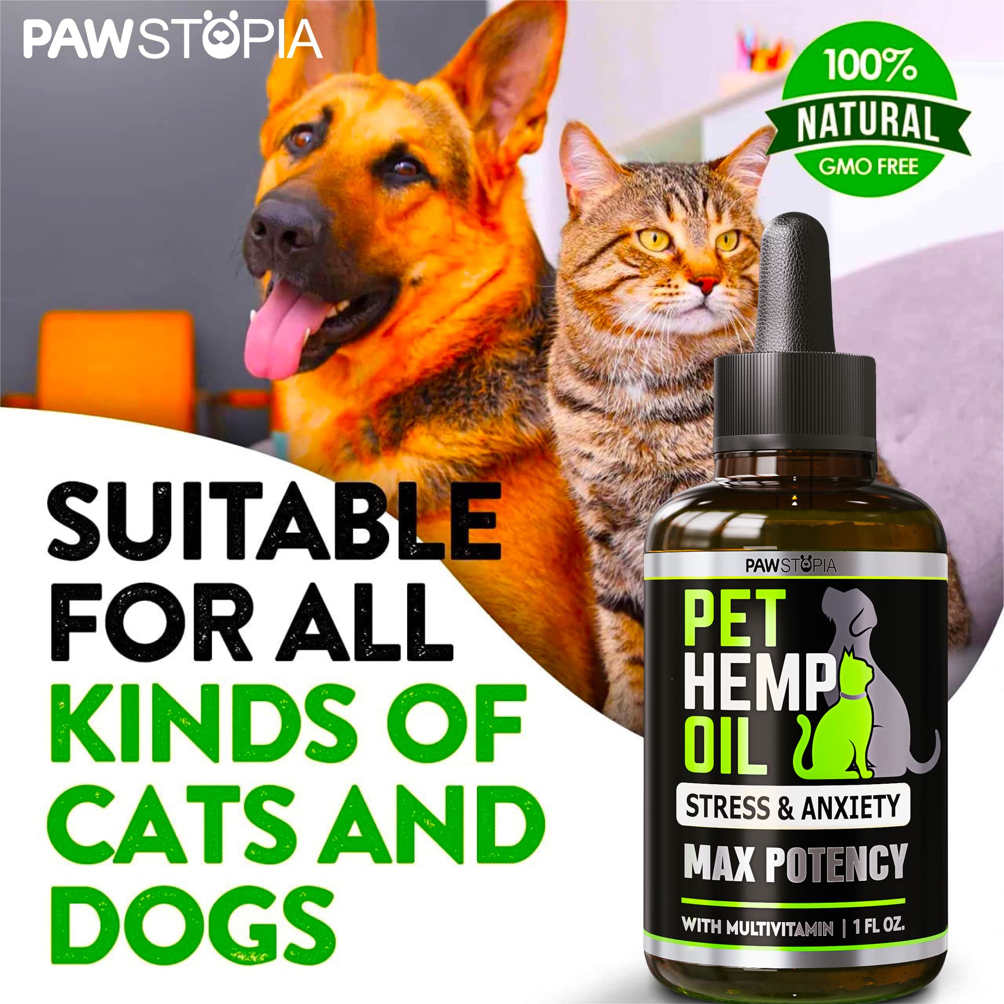 Pawstopia hemp oil made in USA badge signals quality and safety.