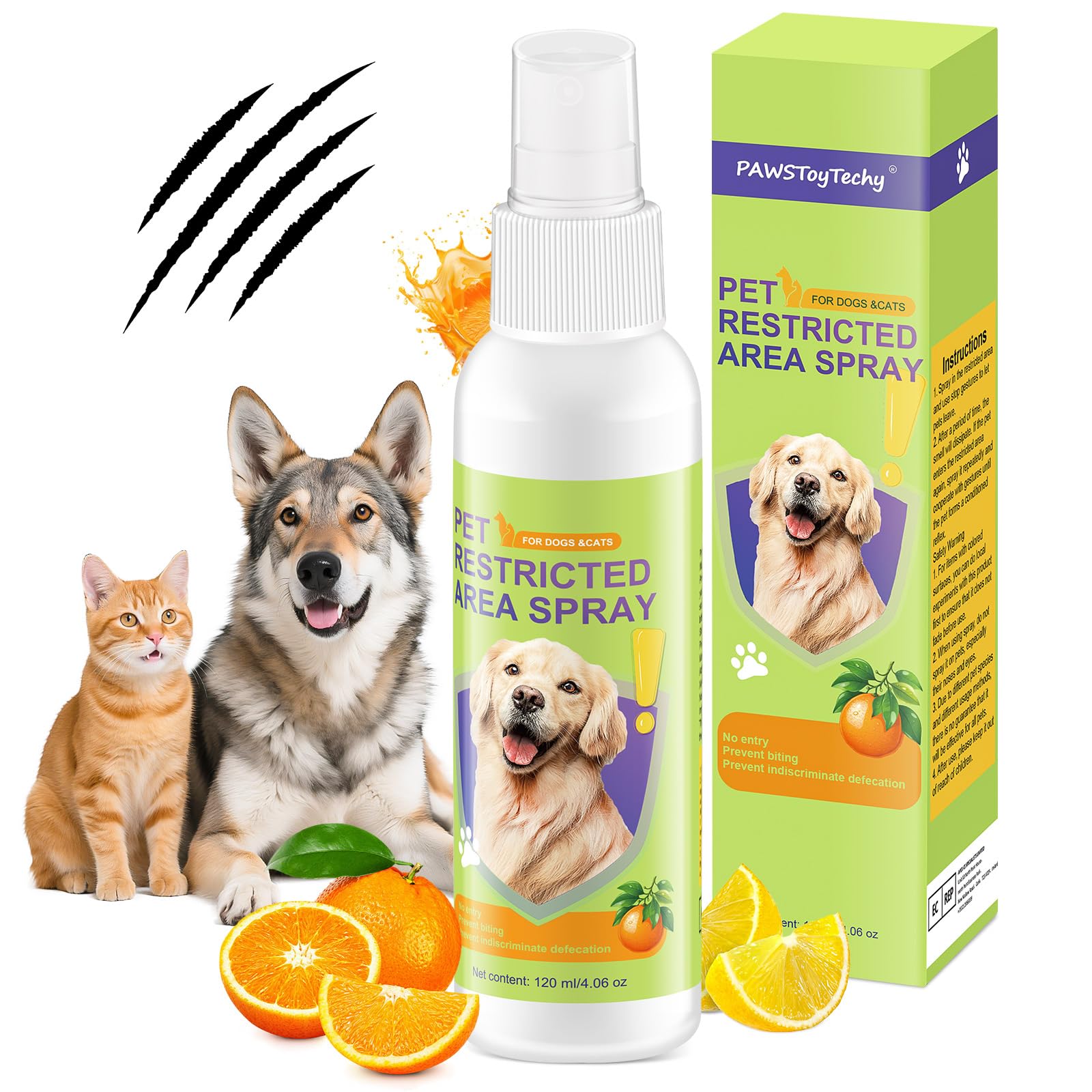 PAWSToyTechy cat-deterrent-bottle: pet-safe citrus spray for training and furniture protection.