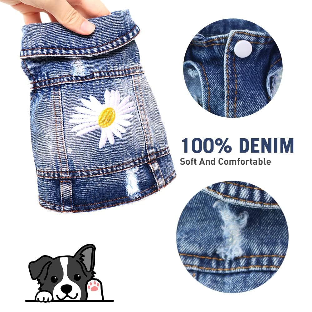 Pawstrip vintage denim jacket with ripped detailing adds edgy charm for small breeds.