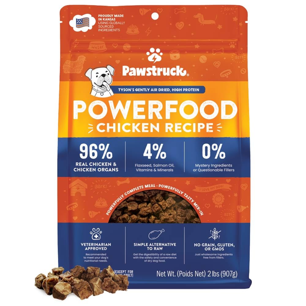 Pawstruck air dried chicken bites bag highlights grain-free protein for all breeds.