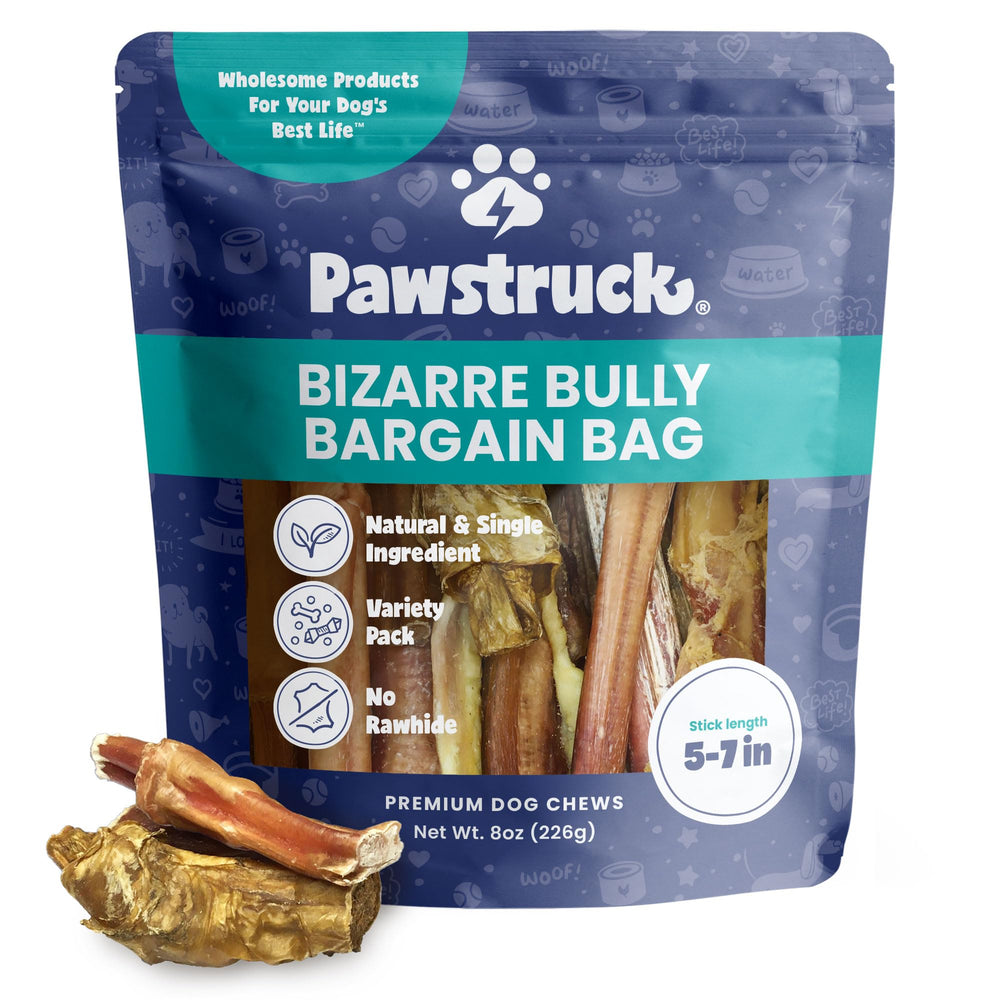 Pawstruck Bizarre Bully Sticks variety bag with assorted sticks offers long-lasting canine chews