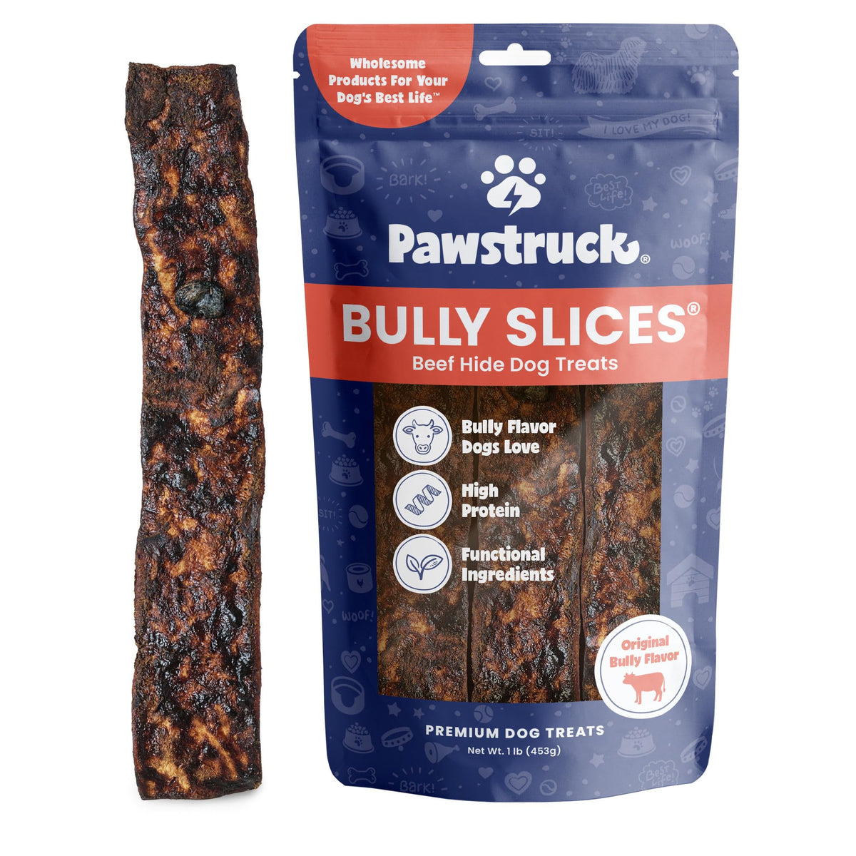 Pawstruck Bully Slices front label shows beef flavor and trusted branding.