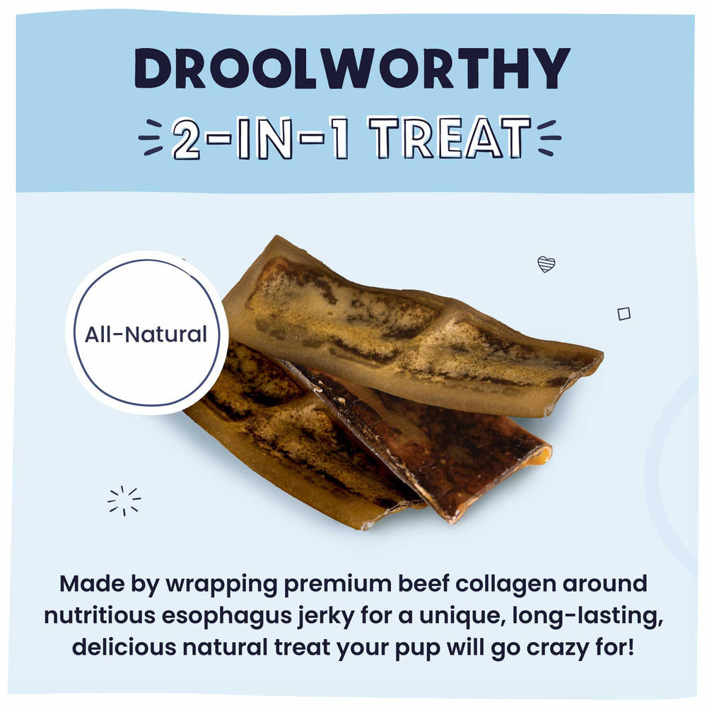Pawstruck collagen-wrapped-jerky esophagus slices show a natural chew idea.