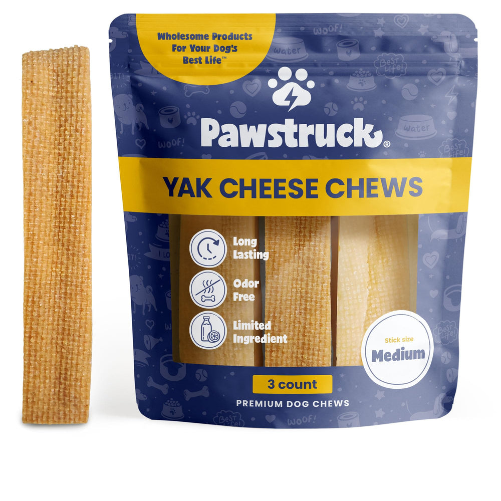 Pawstruck Himalayan Yak Dog Chew packaging shows three-ounce pieces for long-lasting dental-friendly fun.