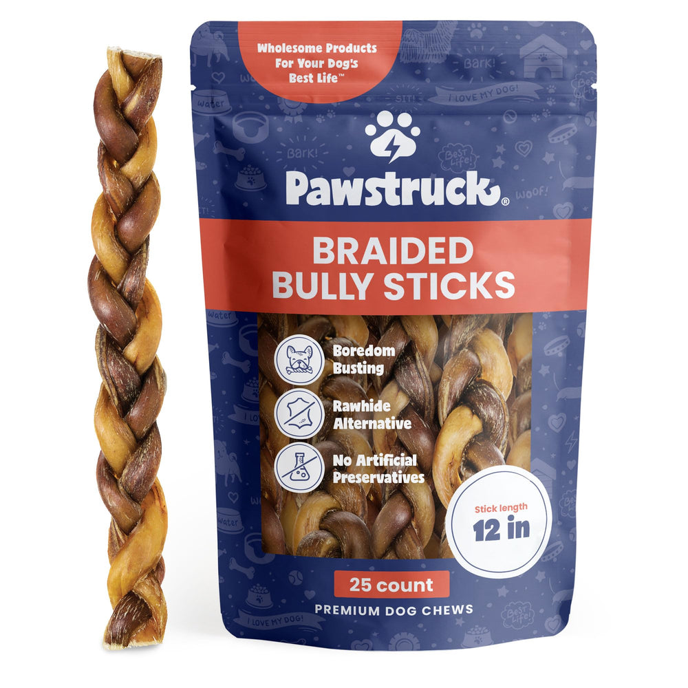 Pawstruck natural 12-inch braided bully sticks—durable chew for aggressive chewers.