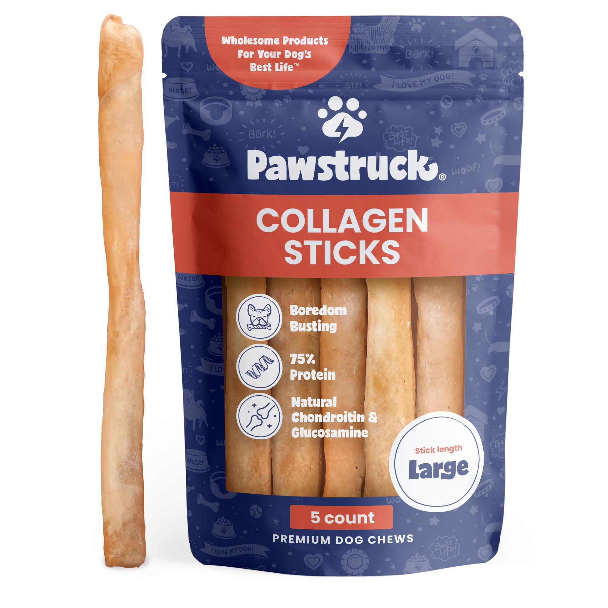 Pawstruck natural beef collagen stick 12in packaging for long-lasting chew.