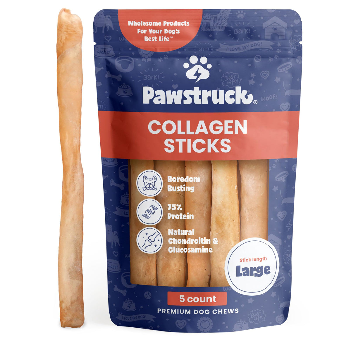 Pawstruck natural beef collagen stick 12in packaging for long-lasting chew.