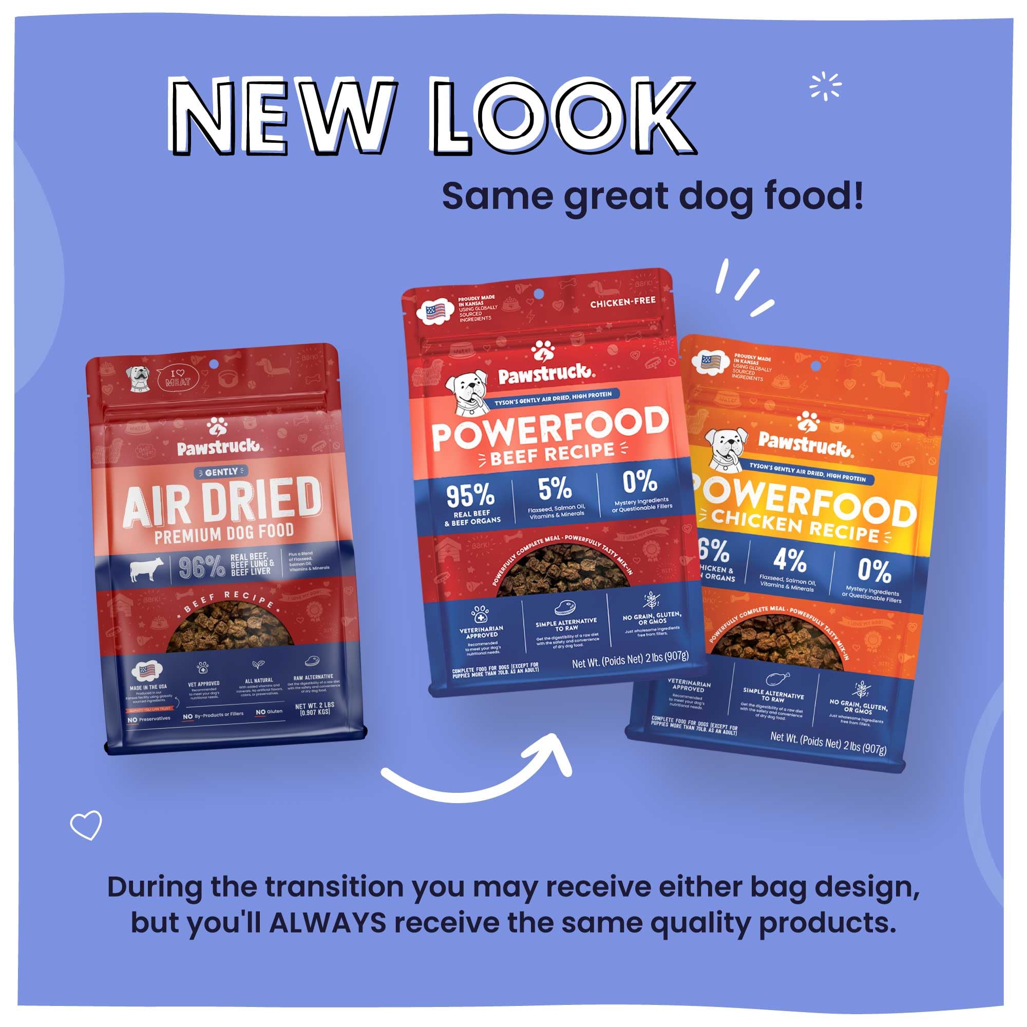 Pawstruck real chicken ingredient label emphasizes high-quality protein and simple recipe.