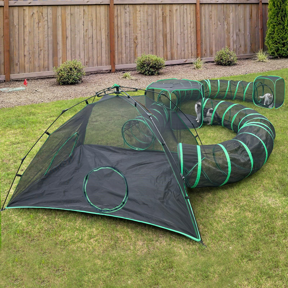 Pawtenda outdoor cat camp in a sunny yard, showing a safe expandable space for curious cats