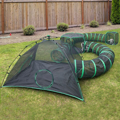 Pawtenda outdoor cat camp in a sunny yard, showing a safe expandable space for curious cats