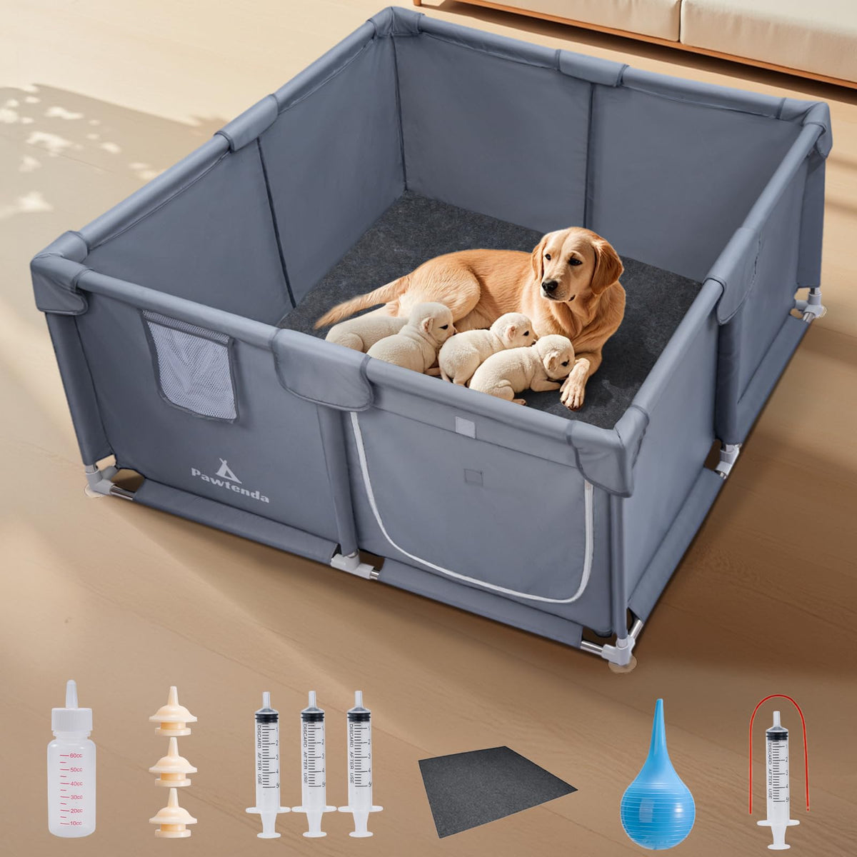 Pawtenda Whelping Box shows a spacious setup for mom and puppies, encouraging safe bonding
