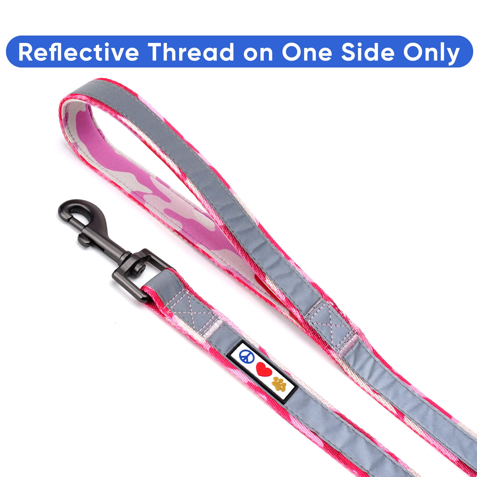 Pawtitas camo pink dog leash custom-id embroidery helps with quick identification.