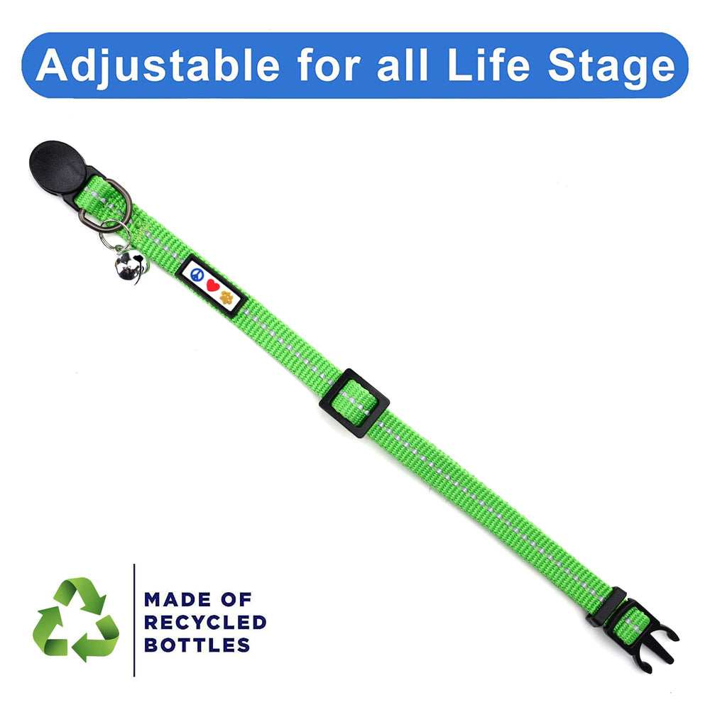 Pawtitas Recycled Green Reflective Cat Collar adjustable range promises comfortable fit.