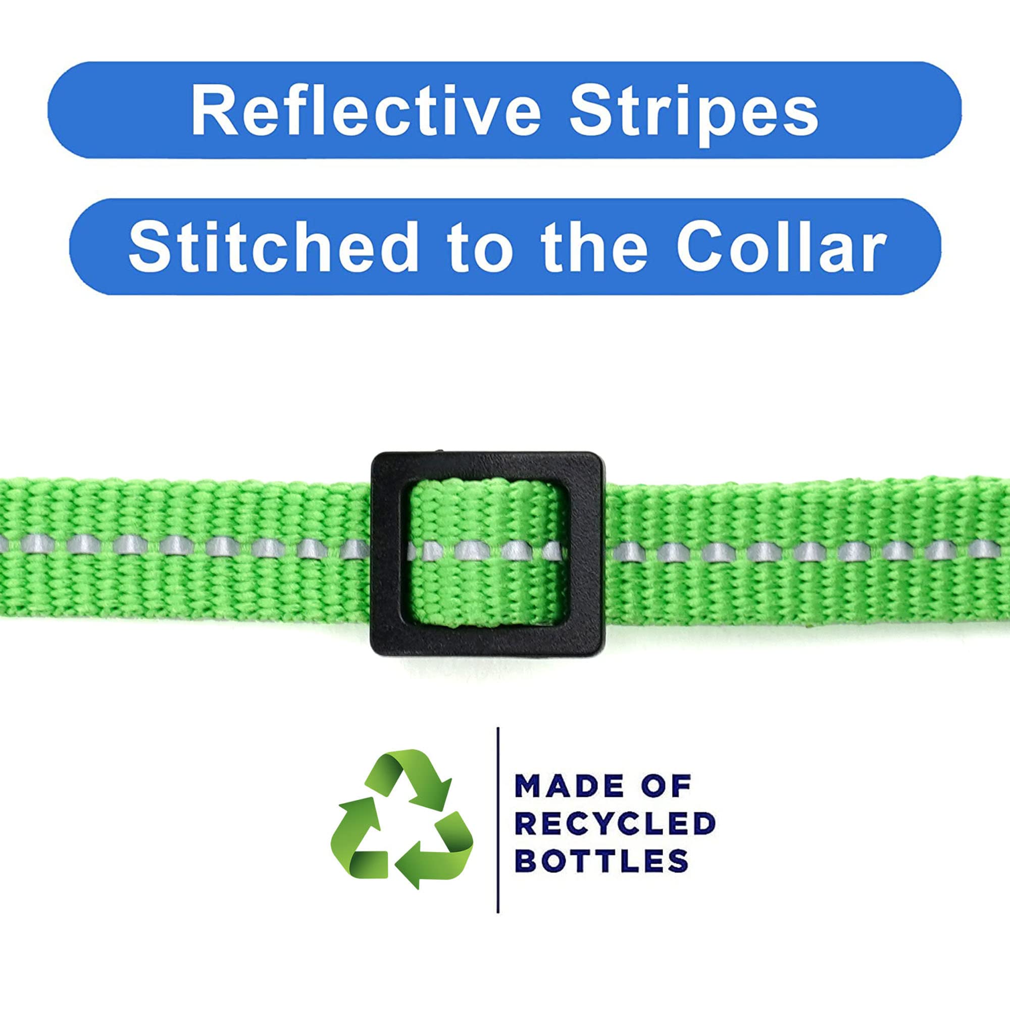 Pawtitas Recycled Green Reflective Cat Collar with removable bell for alert sounds.