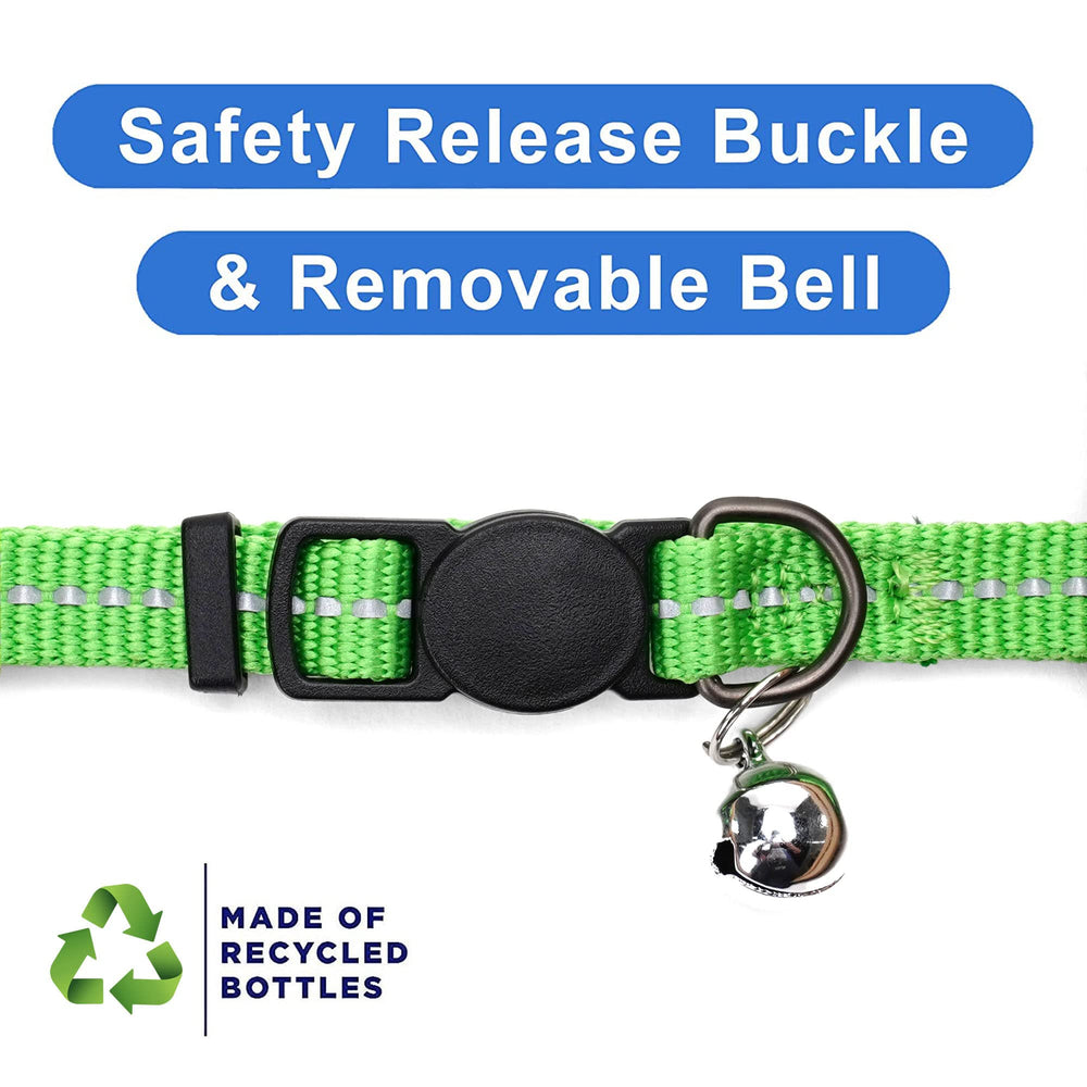 Pawtitas Recycled Green Reflective Cat Collar night-visibility design supports outdoor safety.