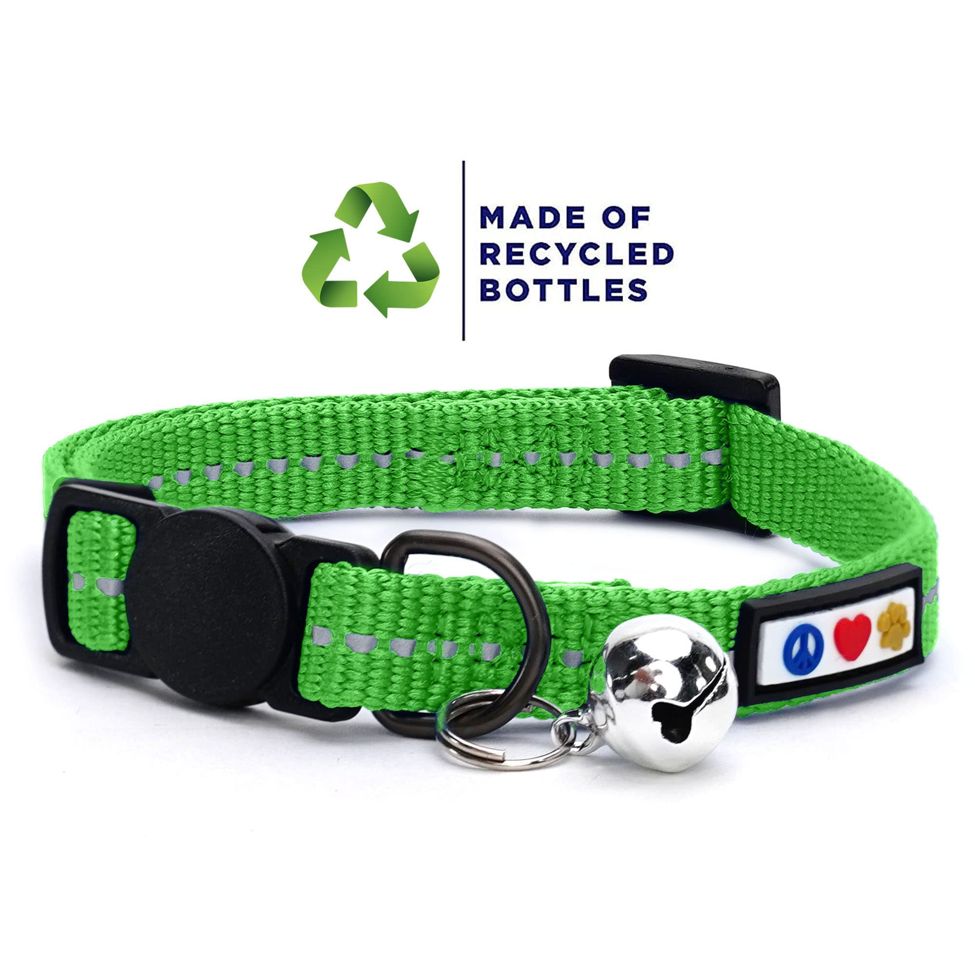 Pawtitas Recycled Green Reflective Cat Collar side view highlights adjustability for kittens to adults.