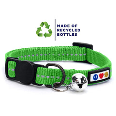 Pawtitas Recycled Green Reflective Cat Collar side view highlights adjustability for kittens to adults.