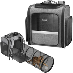 Pawtners cat backpack with expandable tunnel closed shows extra space for play