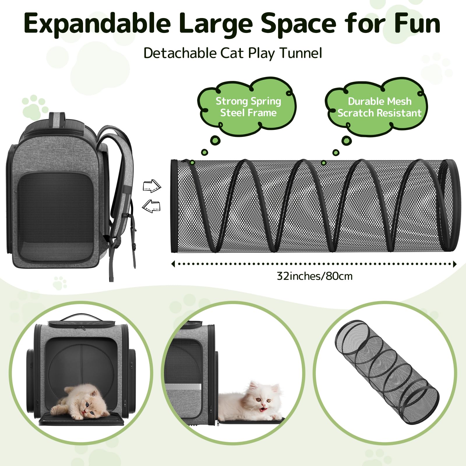 Pawtners cat backpack tunnel extended open with pet peeking out