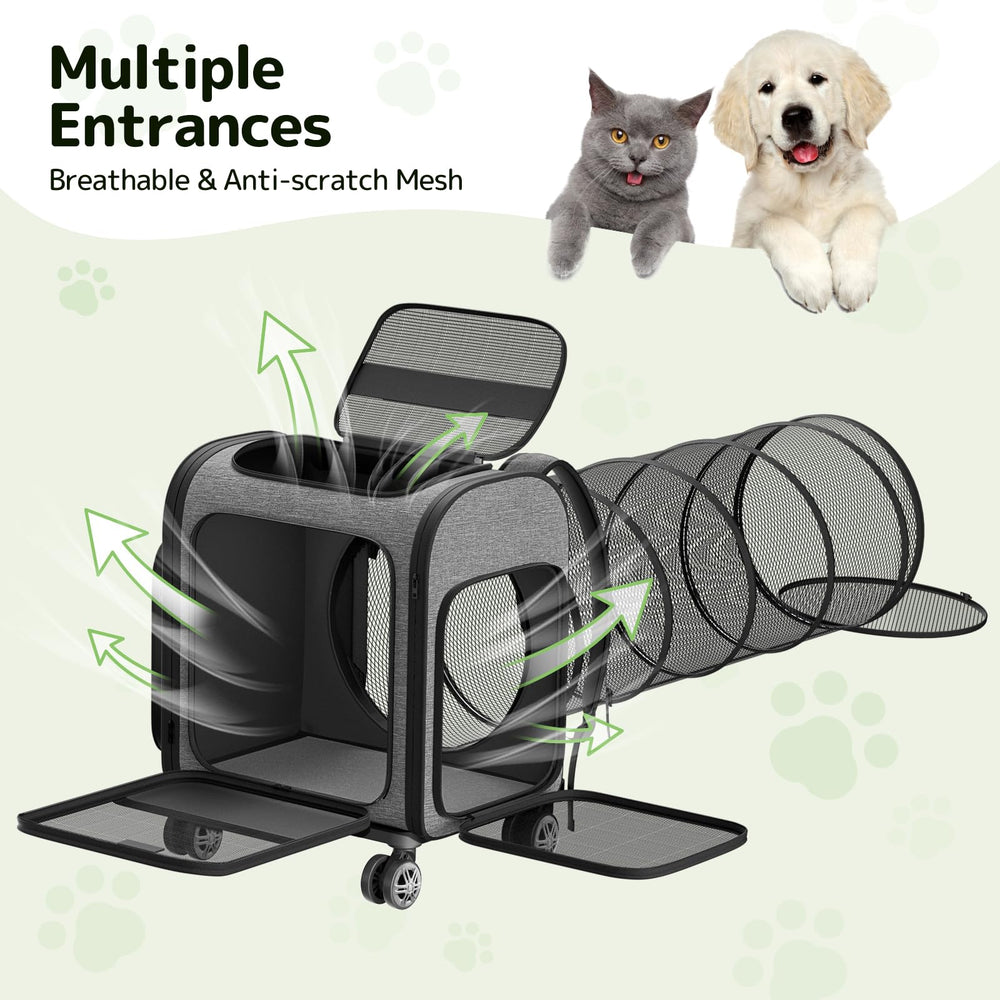 Pawtners cat carrier wheels breathable mesh panels improve airflow.