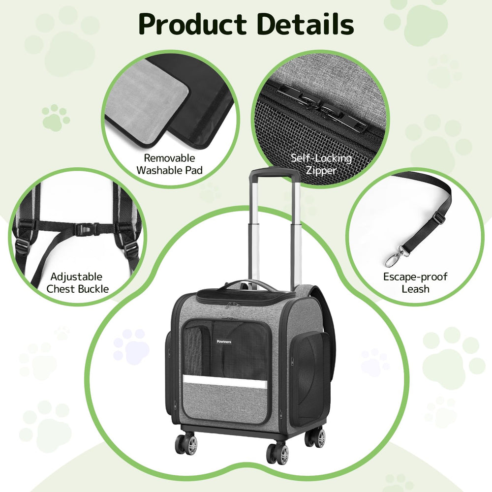 Pawtners cat carrier wheels detachable wheels configuration for versatile use.
