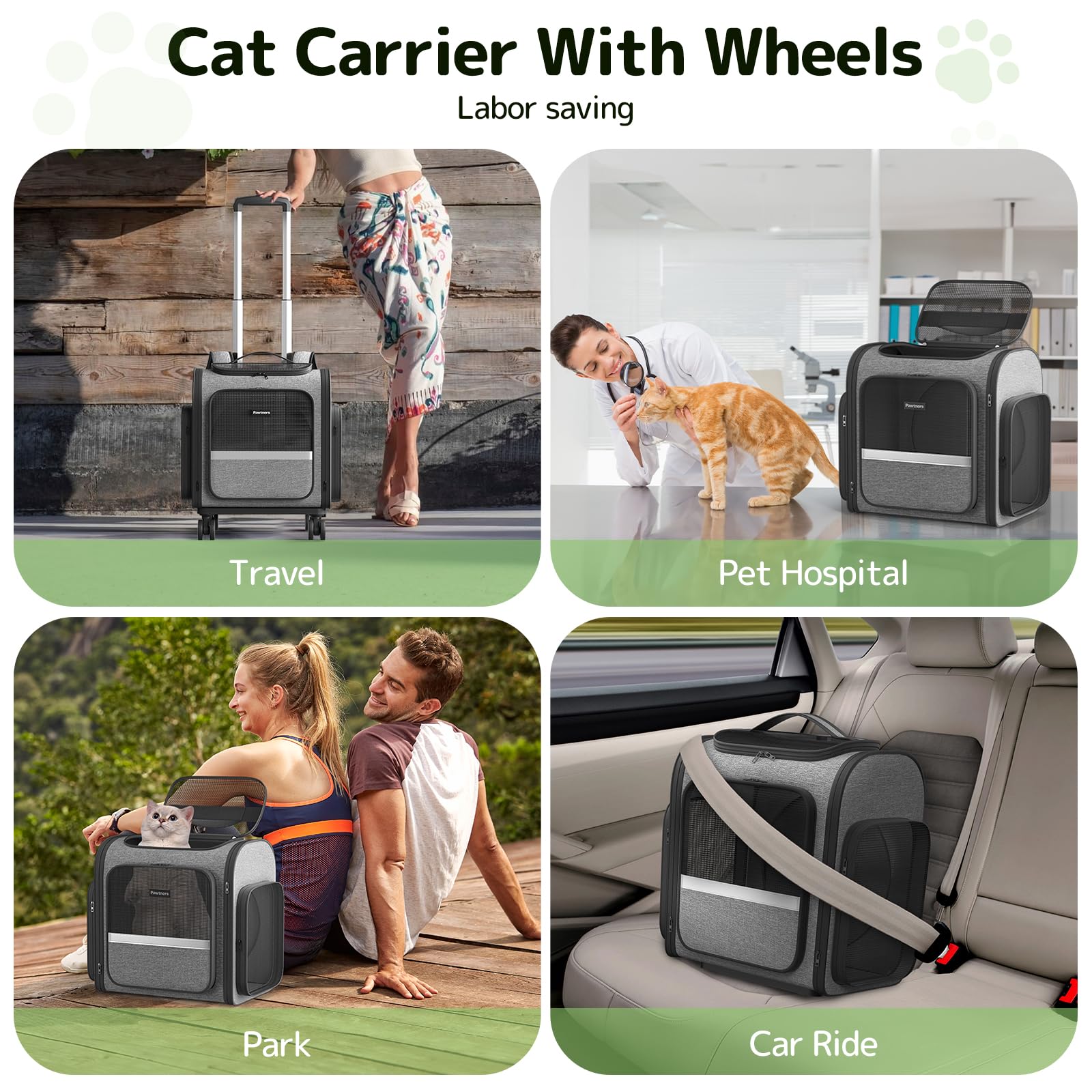 Pawtners cat carrier wheels dimensions 16x16x13 fit pets up to 18 pounds.