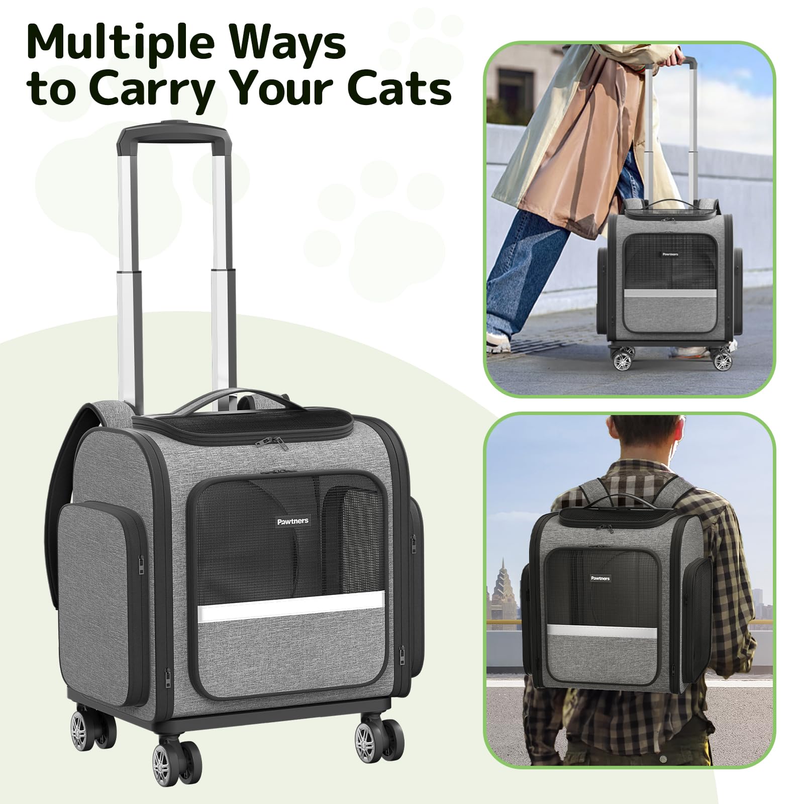 Pawtners cat carrier wheels large-capacity pocket for essentials.