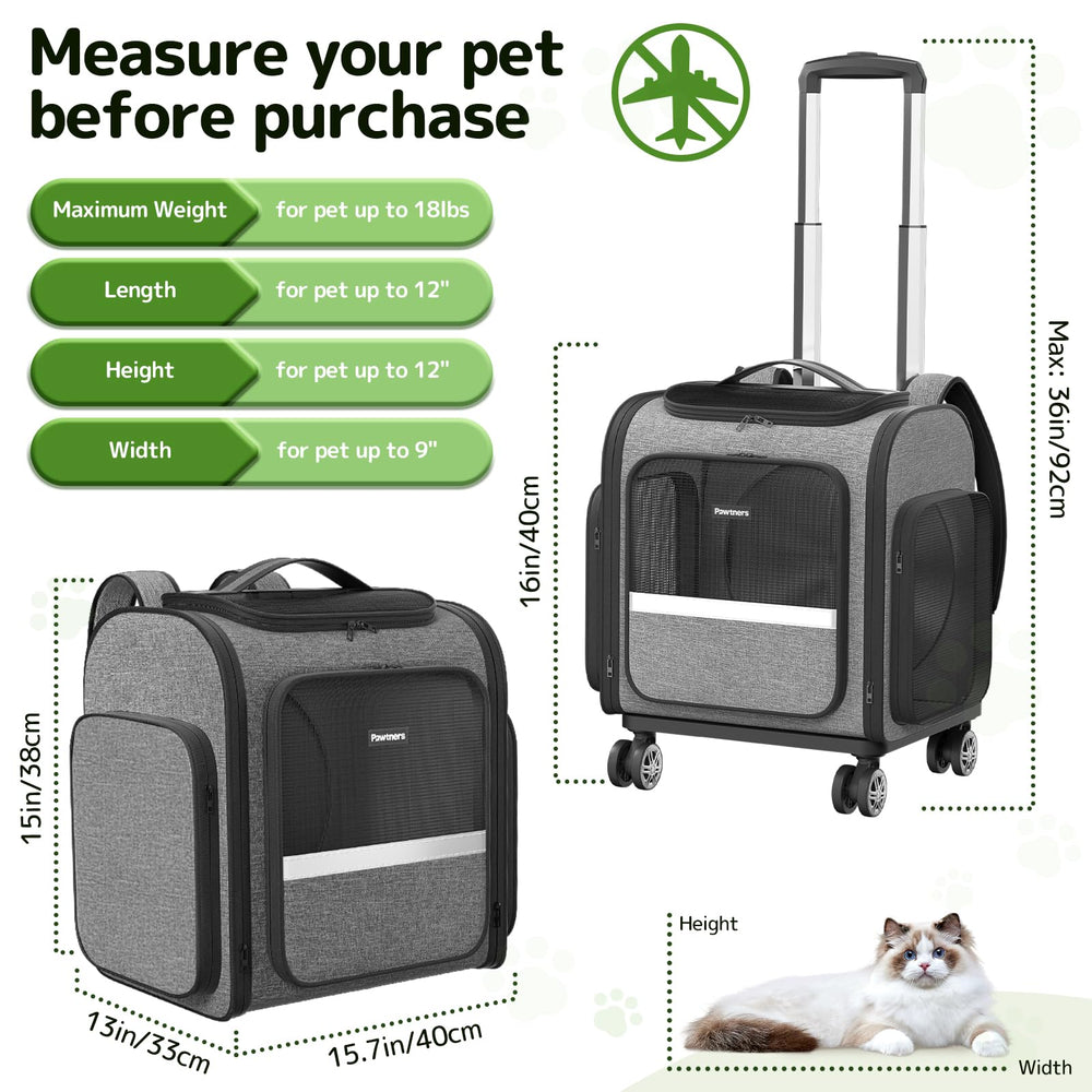 Pawtners cat carrier wheels retractable handle for easy transport.