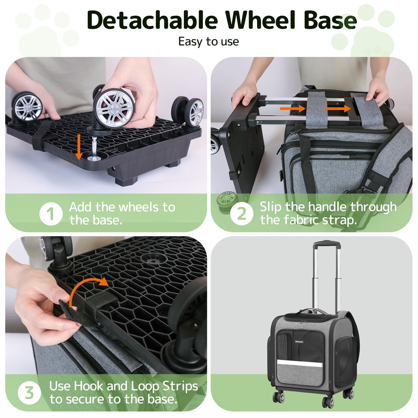 Pawtners cat carrier wheels side pocket design for easy access.