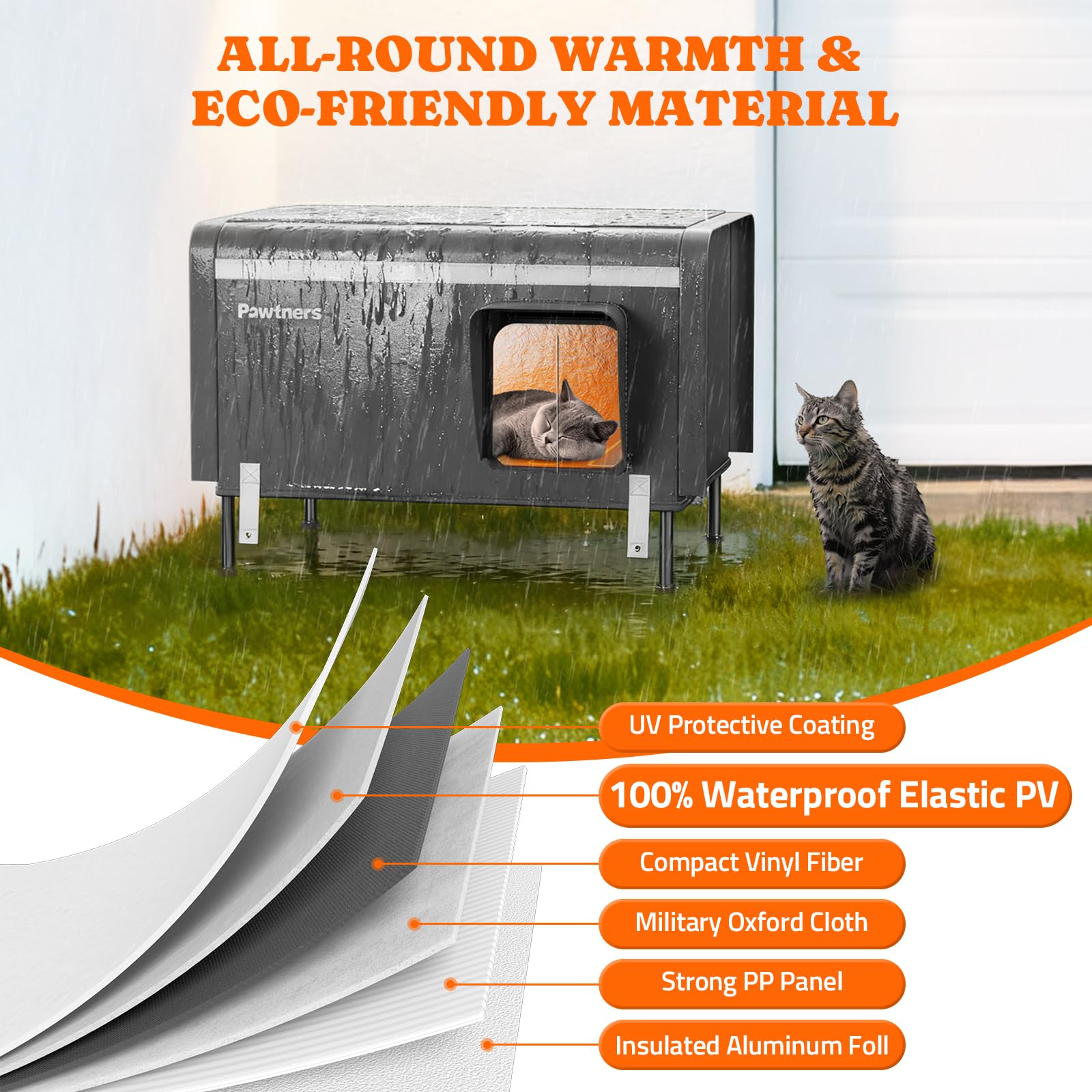 Pawtners metal-frame cat house stands strong against wind and snow outdoors.