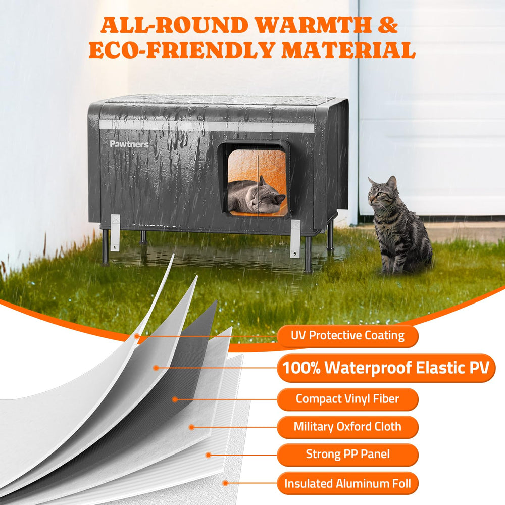 Pawtners metal-frame cat house stands strong against wind and snow outdoors.