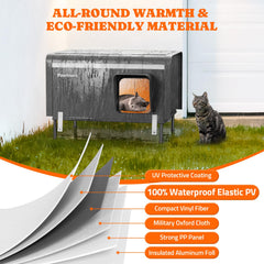 Pawtners metal-frame cat house stands strong against wind and snow outdoors.