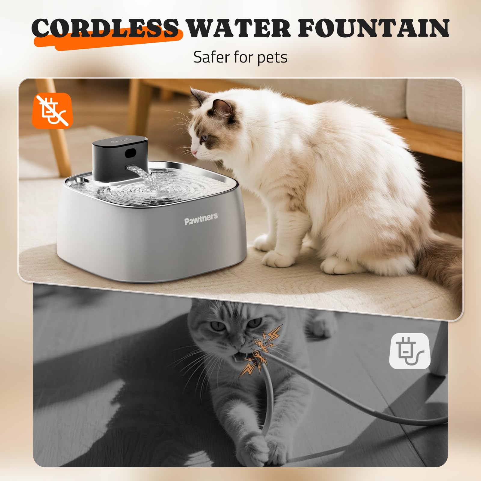 Pawtners cat water fountain 108oz capacity, generous hydration for busy homes.