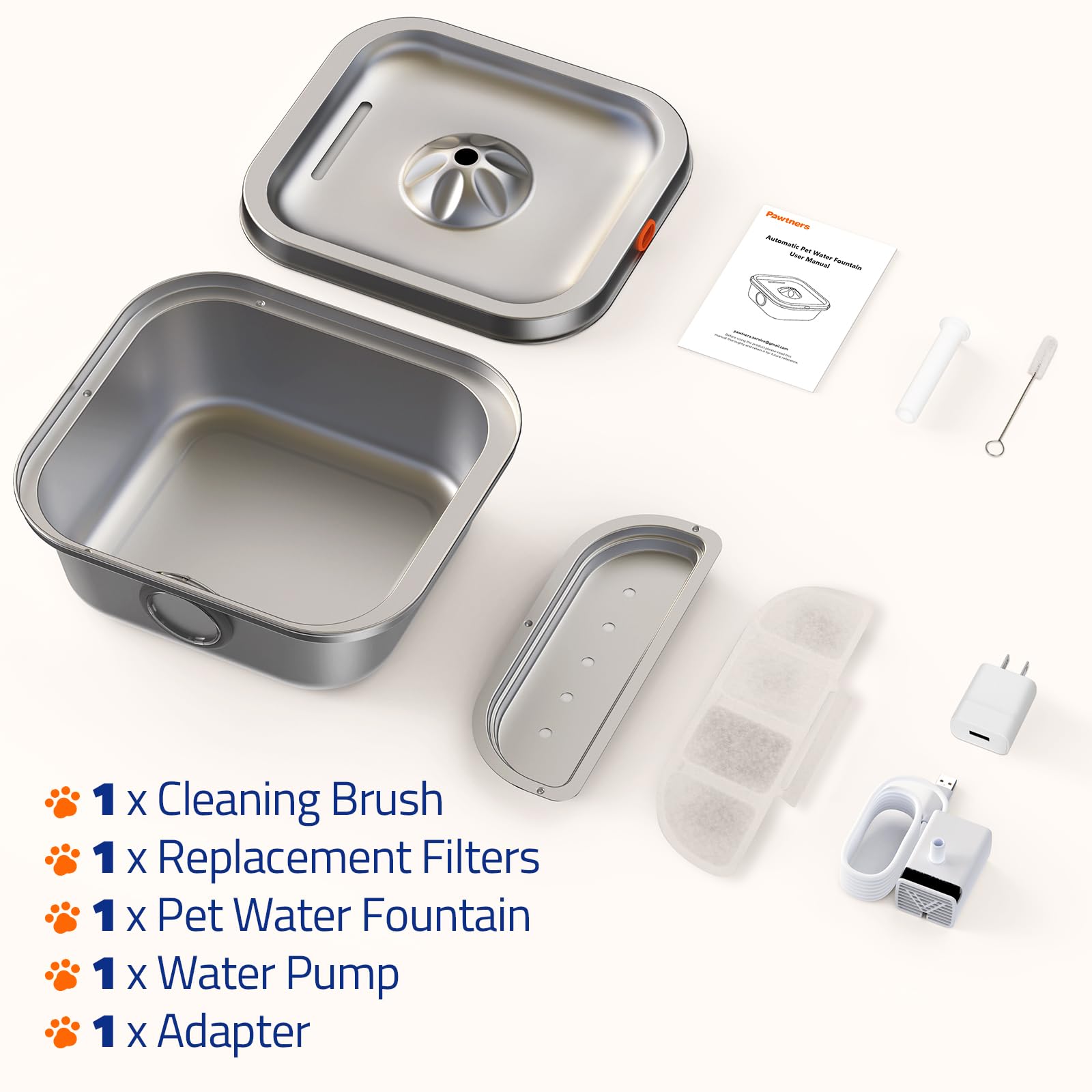 Pawtners cat water fountain cleaning accessories aid quick maintenance.