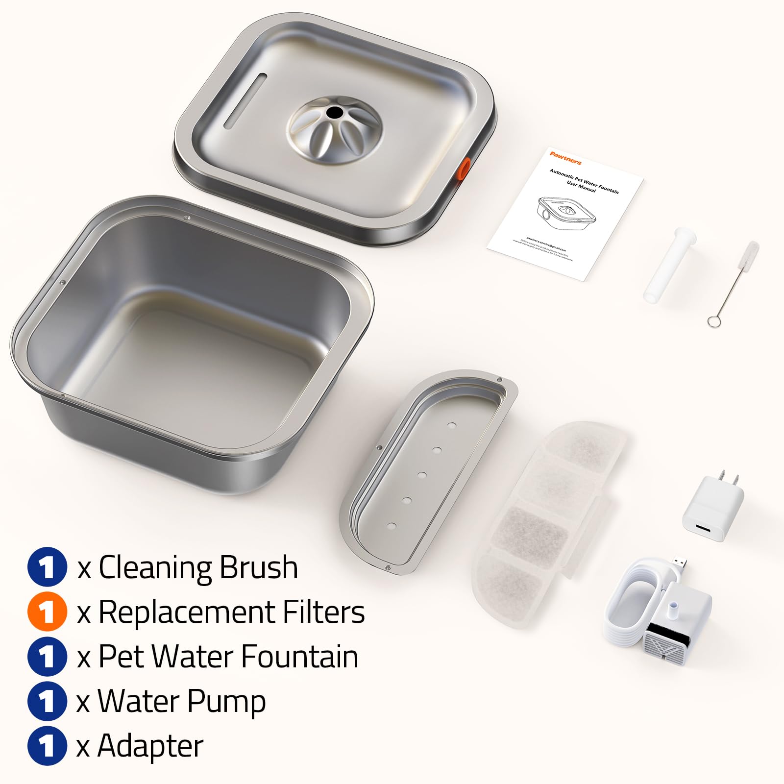 Pawtners cat water fountain stainless steel is dishwasher safe for easy cleaning.