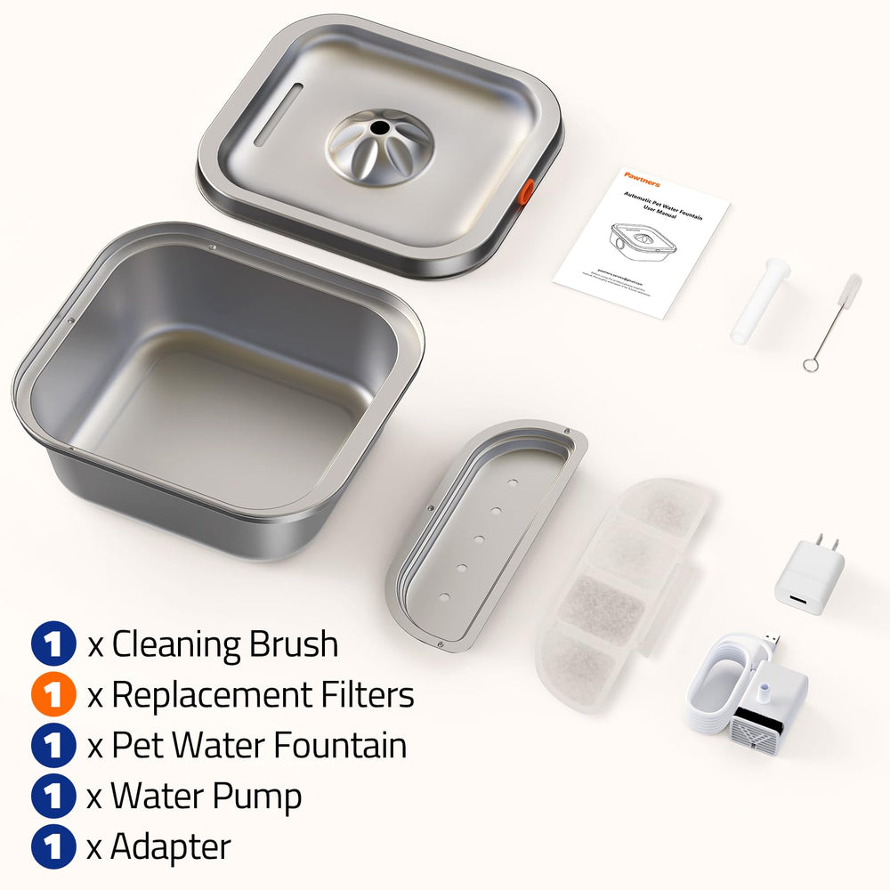 Pawtners cat water fountain stainless steel is dishwasher safe for easy cleaning.