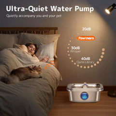 Pawtners cat water fountain quad filtration demonstrates odor control and clean water flow.