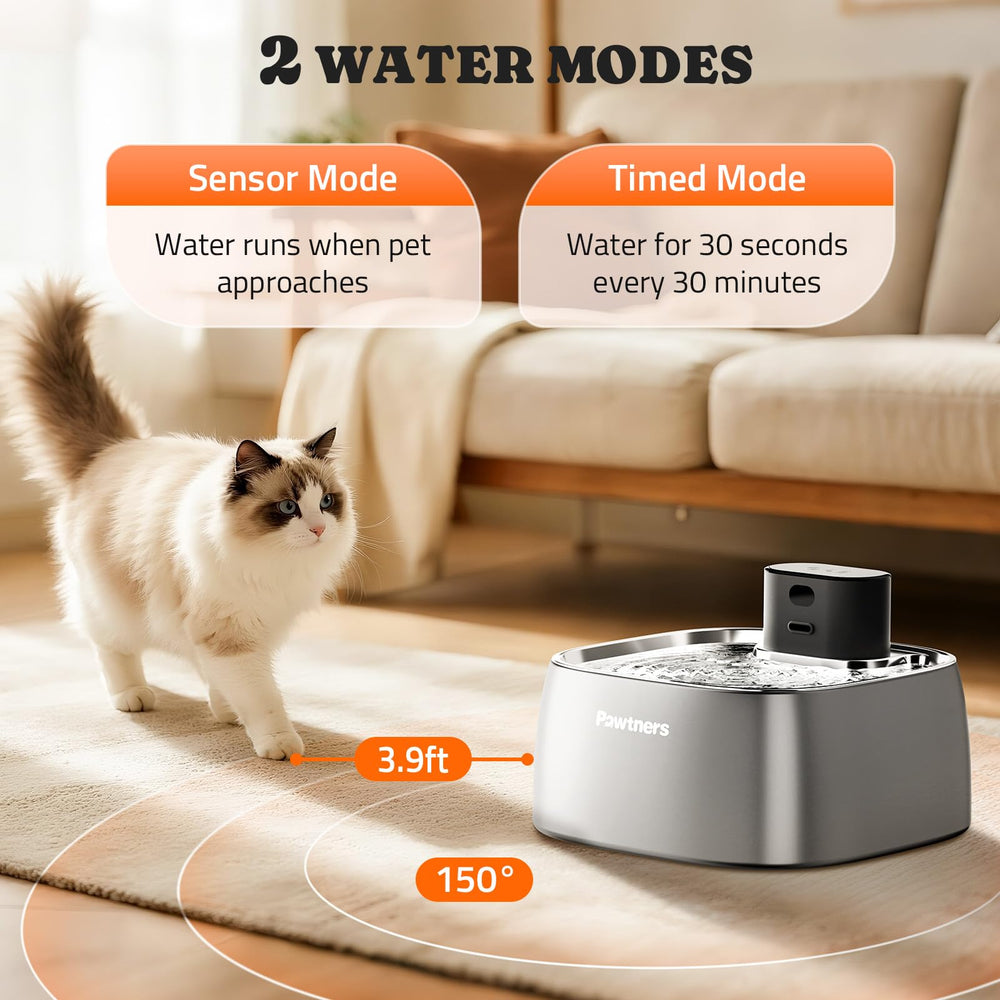 Pawtners cat water fountain stainless side view, easy-clean surface for quick maintenance.
